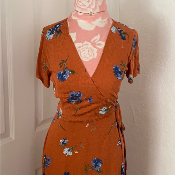 New Gorgeous Burnt Orange Floral Wrap Dress S - Picture 2 of 6